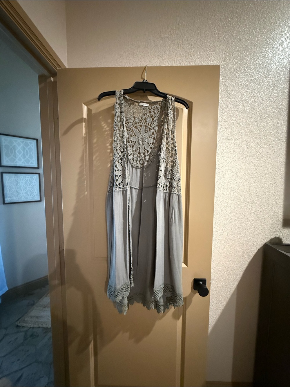 Grayish (lite olive) Lace Crochet Boho Open Front Duster Vest